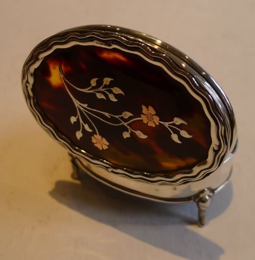 Antique Sterling Silver & Tortoiseshell Jewellery Box - Silver & Gold Pique Inlaid