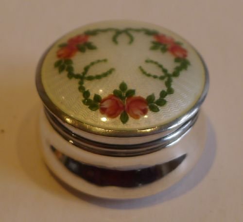 Pretty Small English Sterling Silver & Floral Guilloche Enamel Pill Box