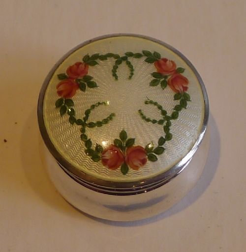 fig 1. Pretty Small English Sterling Silver & Floral Guilloche Enamel Pill Box