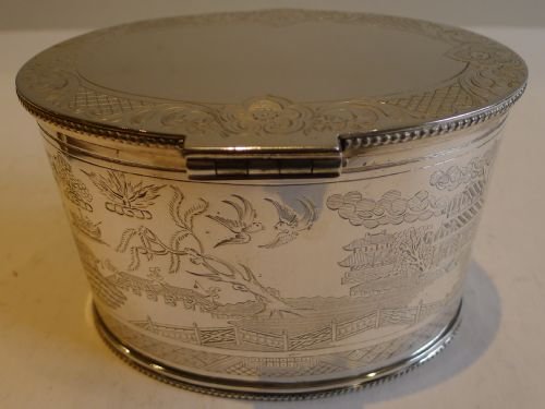 fig 1. Rare Antique English Willow Engraved Large Tea Caddy in Silver Plate c.1880