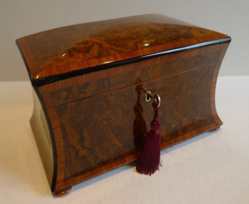 Stunning Antique English Burl Walnut & Tulipwood Tea Caddy C.1860