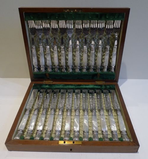 Magnificent Set 12 Fruit Knives & Forks / Mother of Pearl Handles and Decorative Terminals