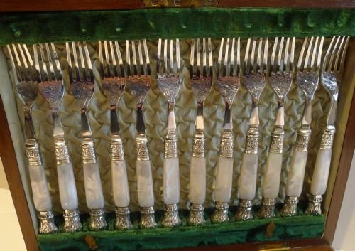 fig 1. Magnificent Set 12 Fruit Knives & Forks / Mother of Pearl Handles and Decorative Terminals