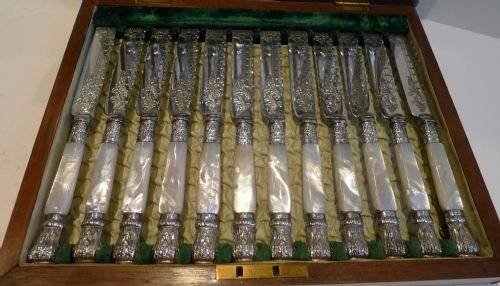 fig 2. Magnificent Set 12 Fruit Knives & Forks / Mother of Pearl Handles and Decorative Terminals