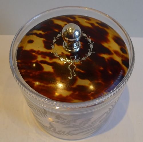 Antique English Fern Engraved Biscuit Box - Tortoise Shell & Sterling Lid