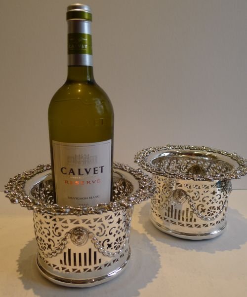Large Pair Antique English Silver Plated Wine / Decanter Coasters - Lion's Head Garlands C.1900