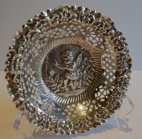 Charming and Pretty Antique Sterling Silver Pierced Cherub Dish / Basket - 1896