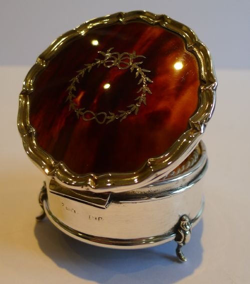 English Sterling Silver Jewellery Box - Tortoise Shell & Silver Pique Inlay
