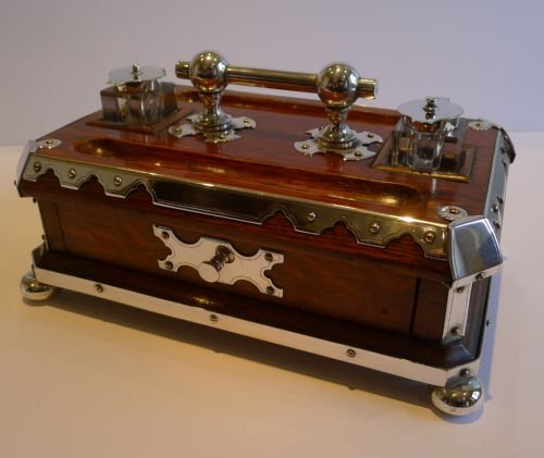 Antique English Oak & Silver Plated Inkstand / Inkwells C.1890