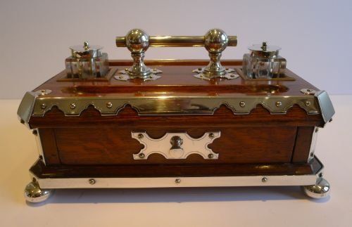fig 1. Antique English Oak & Silver Plated Inkstand / Inkwells c.1890