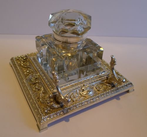 Huge Antique English Cut Crystal Inkwell on Silver Plated Stand C.1880