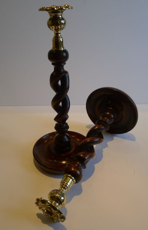 Pair Antique English Oak Open Barley Twist Candlesticks - Brass Thistle Tops