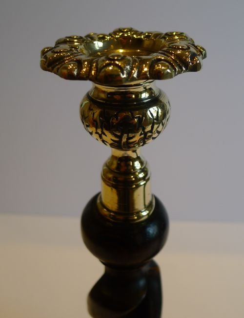 fig 1. Pair Antique English Oak Open Barley Twist Candlesticks - Brass Thistle Tops