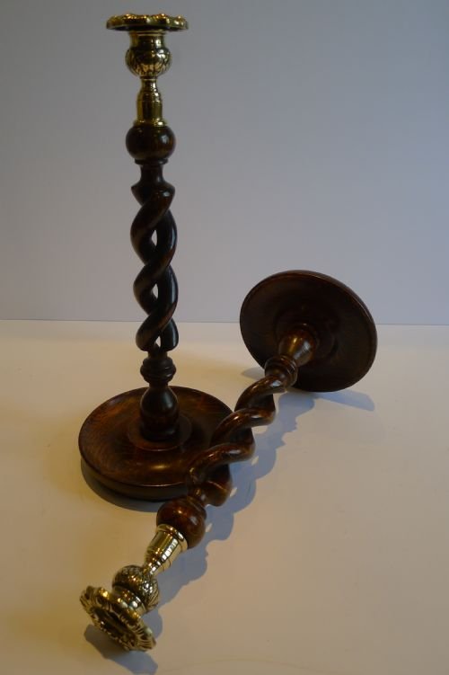 Towering Pair 14" Solid Oak Open Barley Twist Candlesticks - Brass Thistle Tops