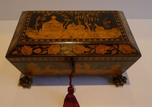 Superb English Regency Pen Work Jewelry Box - Chinoiserie Decorated C.1820