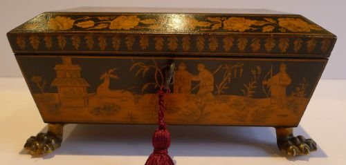 fig 1. Superb English Regency Pen Work Jewelry Box - Chinoiserie Decorated c.1820