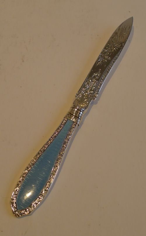 Antique English Sterling Silver & Blue Guilloche Enamel Letter Opener