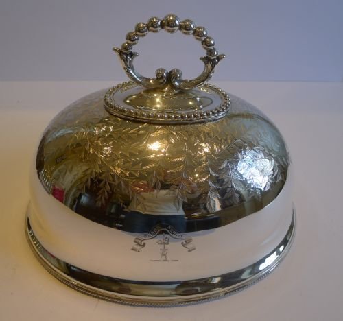 Small Antique English Silver Plated Meat or Food Dome - Fern Engraved C.1890