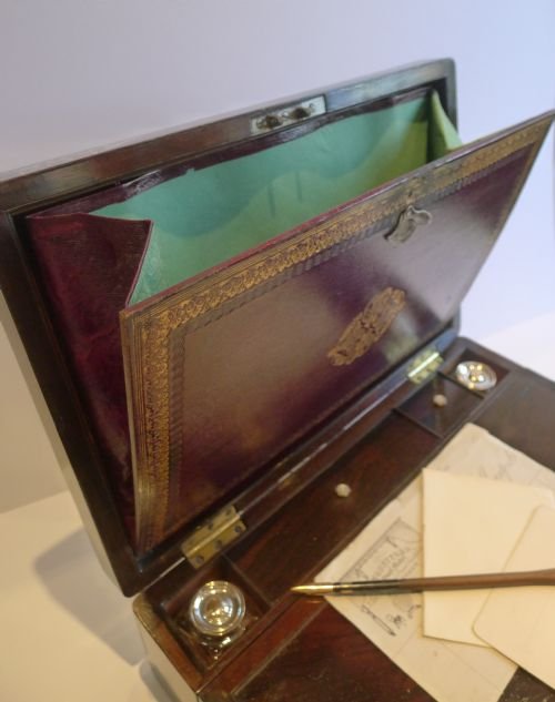 fig 2. Magnificent Antique English Double Action Writing Slope / Lap Desk c.1830 - Secret Drawers