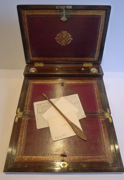 fig 3. Magnificent Antique English Double Action Writing Slope / Lap Desk c.1830 - Secret Drawers