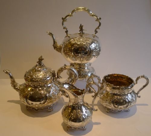 Magnificent Antique English Four Piece Tea Set by Martin Hall C.1855