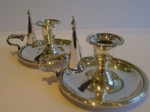 Pair Antique English Silver Plated Chambersticks by Walker & Hall C.1900