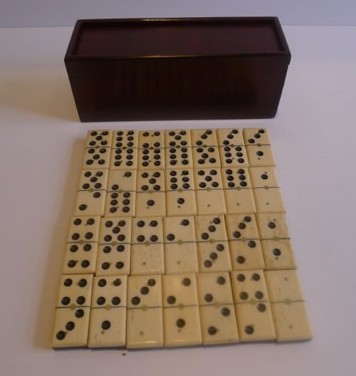 Antique English Boxed Set Bone & Ebony Wood Dominoes C.1890