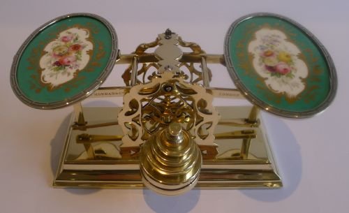 Rare Antique English Brass & Hand Painted Porcelain Postage Scales by Mordan