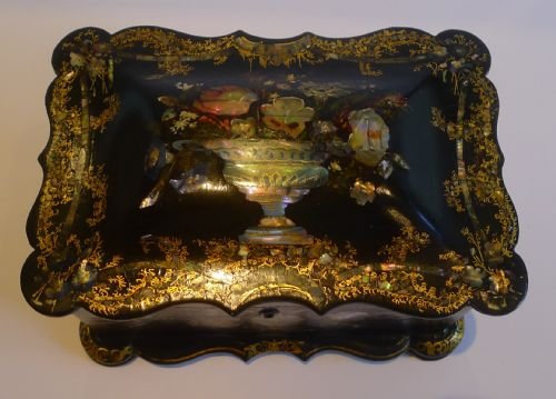 Magnificent Antique English Papier Mache Tea Caddy C.1860 - Urn of Flowers