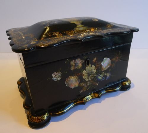 fig 1. Magnificent Antique English Papier Mache Tea Caddy c.1860 - Urn of Flowers