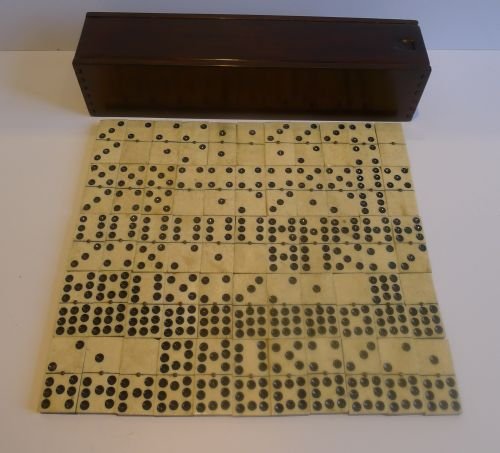 Large Antique English Set Double Nines Dominoes in Bone & Ebony - Original Box C.1890