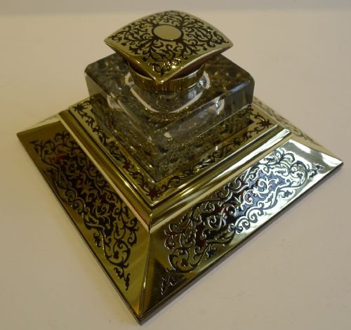 Grand Large Antique English Boulle & Cut Crystal Inkwell by Vickery, London, C.1890