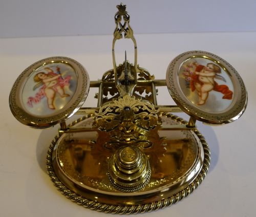 Rare English Engraved Brass & Hand Painted Porcelain Letter Scale by Howell, James, London