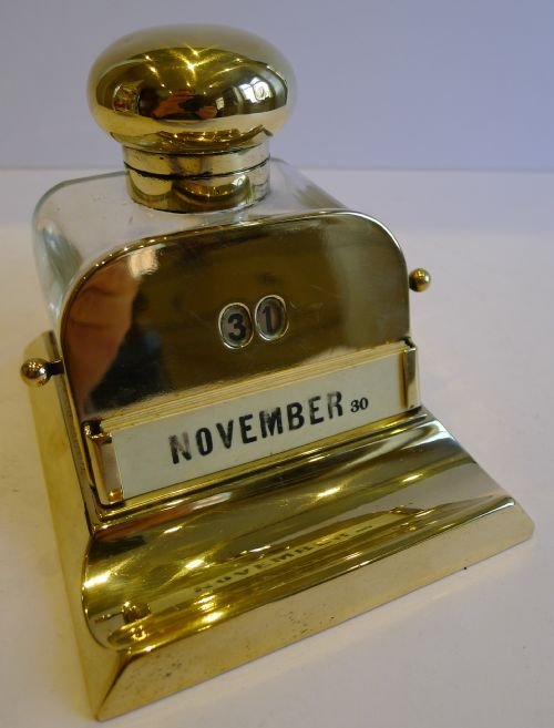 Antique English Brass & Glass Combined Inkwell & Desk Calendar C.1900