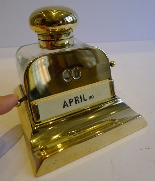 fig 1. Antique English Brass & Glass Combined Inkwell & Desk Calendar c.1900