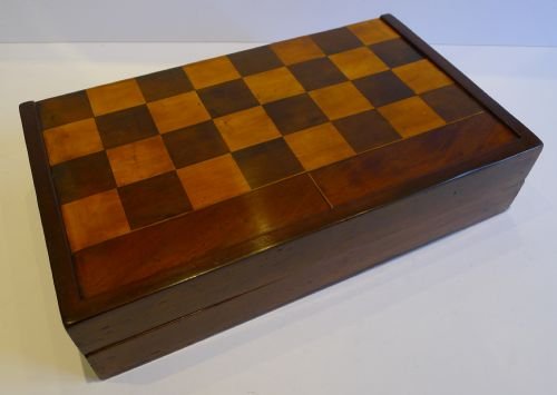 Antique English Folding Chess / Backgammon Board / Box C.1890