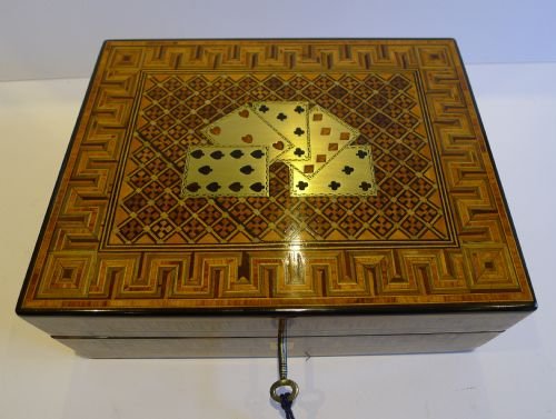 Antique English Games Box - Burl Walnut & Tunbridge Ware Inlaid C.1860