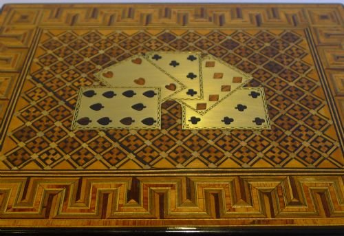 fig 1. Antique English Games Box - Burl Walnut & Tunbridge Ware Inlaid c.1860
