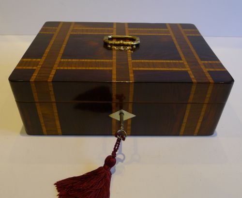 Antique French Rosewood Table Box Inlaid with Burr Holly and Satinwood C.1860