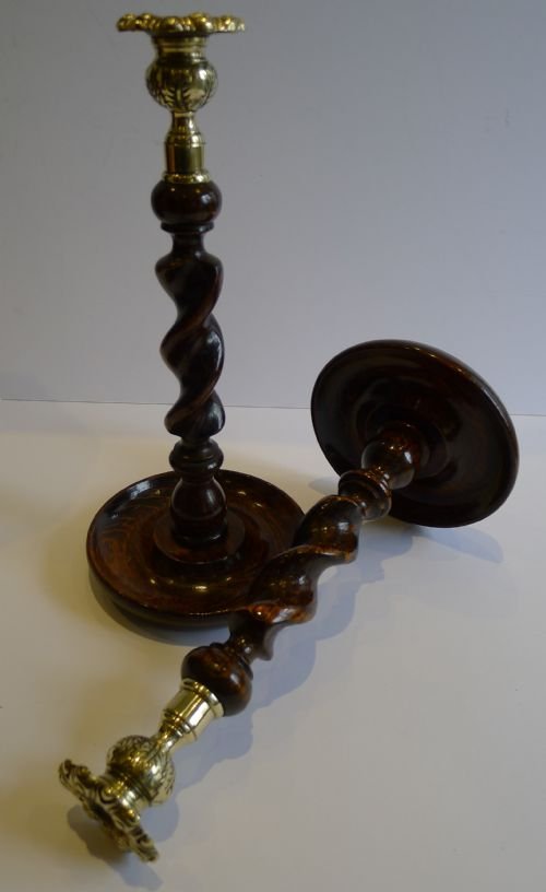 Handsome Pair 12" Solid Oak Barley Twist Candlesticks - Brass Thistle Tops