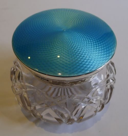 Large English Cut Crystal, Sterling Silver & Guilloche Enamel Powder Bowl