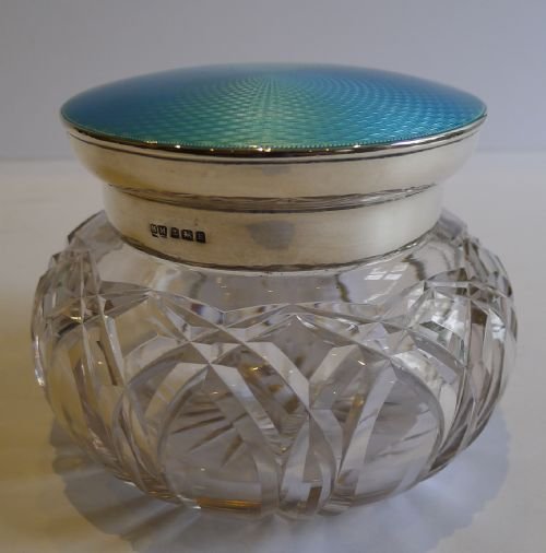 fig 1. Large English Cut Crystal, Sterling Silver & Guilloche Enamel Powder Bowl