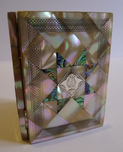 Striking Antique English Mother of Pearl, Abalone & Sterling Silver Card Case