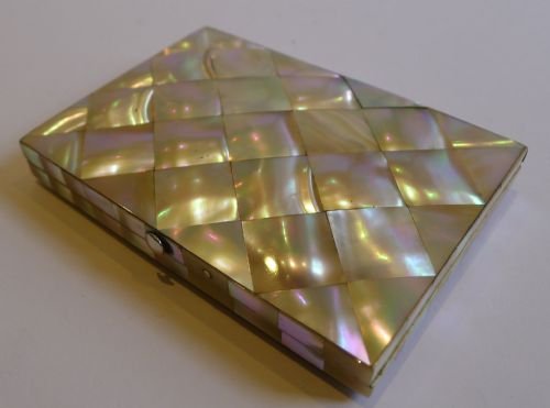 fig 1. Striking Antique English Mother of Pearl, Abalone & Sterling Silver Card Case