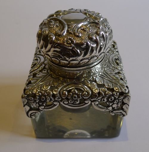 Unusual Antique Glass & Sterling Silver Inkwell - Birmingham 1902