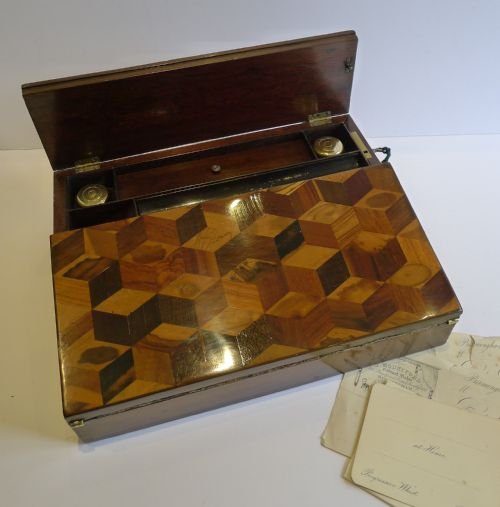 Striking Antique Rosewood & Tumbling Block Tunbridge Ware Lap Desk / Writing Slope C.1860