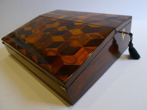fig 1. Striking Antique Rosewood & Tumbling Block Tunbridge Ware Lap Desk / Writing Slope c.1860
