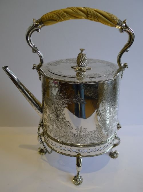 Grandest Fern Engraved Silver Plate Spirit Kettle with Carved Ivory Handle, by Mappin & Webb