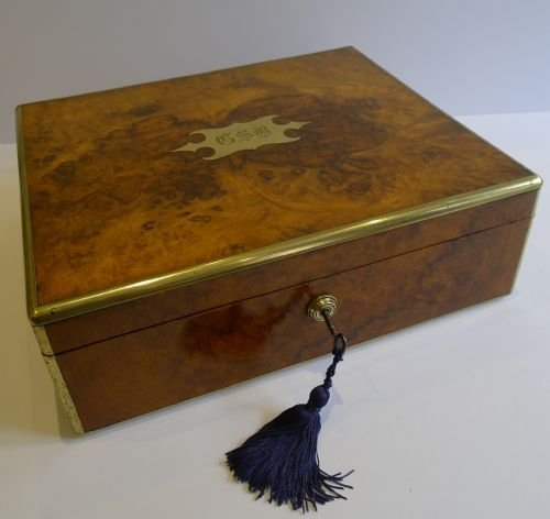 Antique English Brass Bound Military Burl Walnut Cigar Box / Cabinet / Humidor C.1860