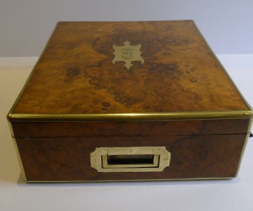 fig 2. Antique English Brass Bound Military Burl Walnut Cigar Box / Cabinet / Humidor c.1860